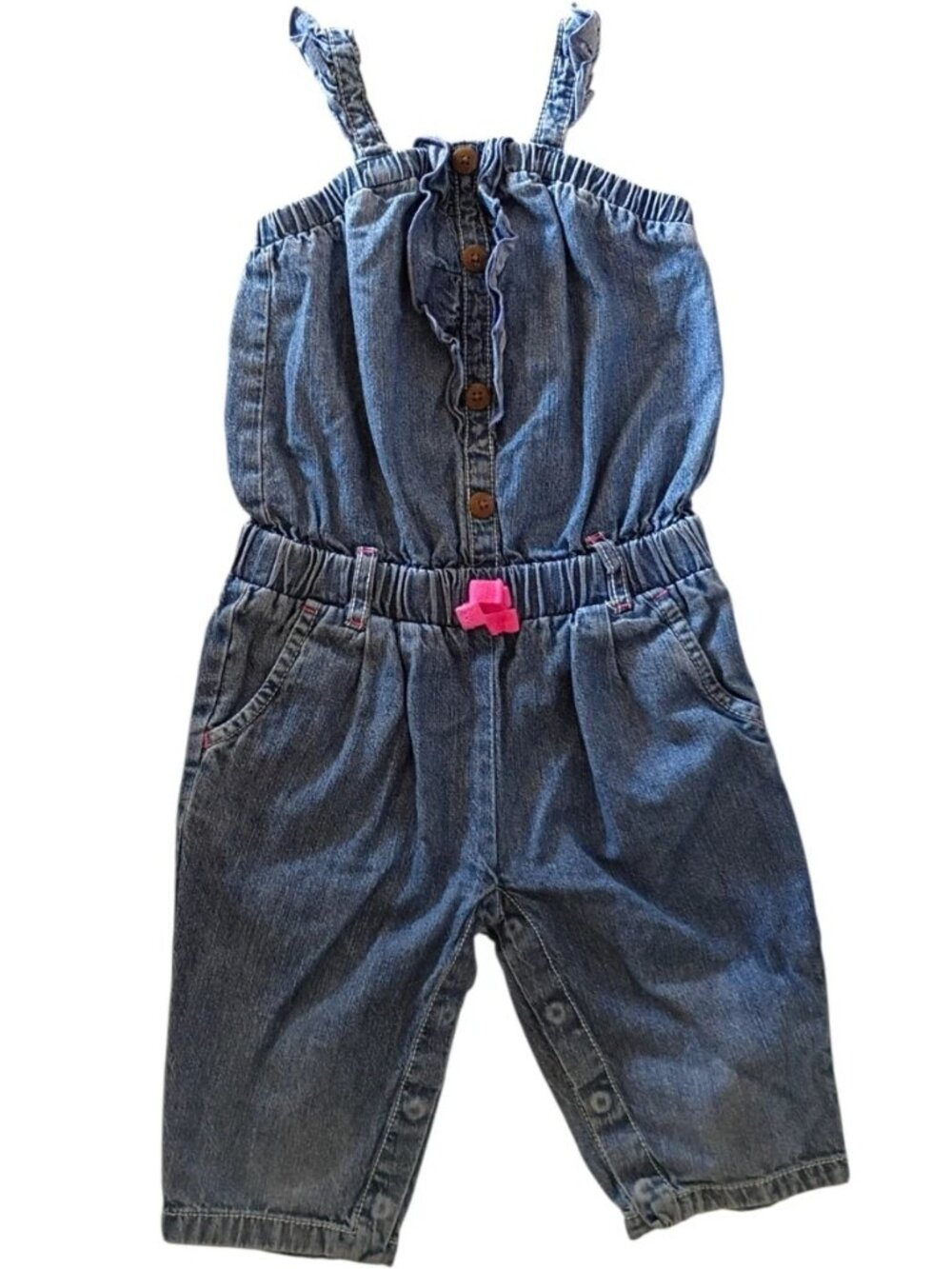 Cherokee 18m Toddlers Denim Over Alls Pink Flower pockets Buttons Y2k Vintage